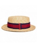 Palarie panama boater hat, panglica rosu albastru, paie 100% naturala