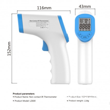 Termometru, LZ600, Non-Contact, Infrarosu, Temperatura Corporala, Display Digital