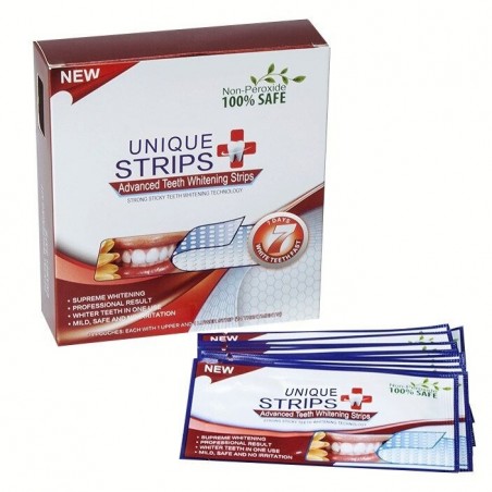 Teeth Whitening Strips, Unique Strips, Without Peroxide, Box of 14 sachets, (28 strips), Bleaching Duration 18 Months