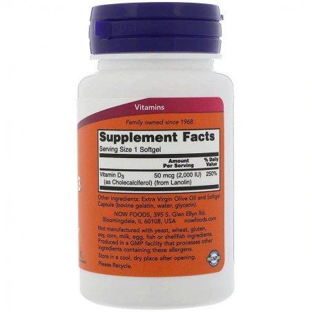 Vitamina D3, NOW Foods, Absorbtie Rapida, Intareste Sistemul Imunitar si Osos, 125mcg / 2.000 IU / portie, 240 capsule