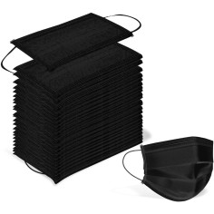 Set of 50x Adult Disposable Masks, 3-ply, 3-layer, with Metal Nose Clip, Black