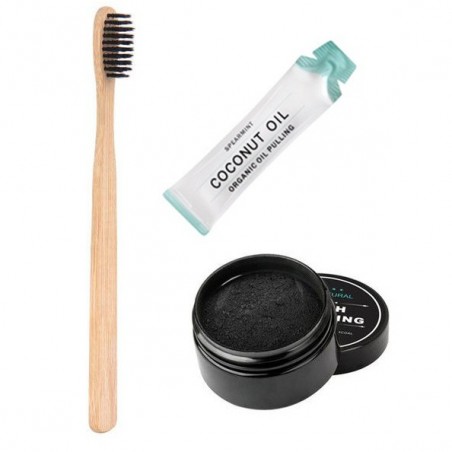  Set Periuta Bambus + Ulei Cocos + Pulbere Naturala pentru Albirea Dintilor cu carbune activ – 30gr