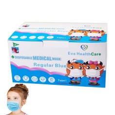 Set of 50x Children's Masks, Single Use, Medical, Type I, Nonsterile, 3 folds, 3 layers, with nose clip, Blue model