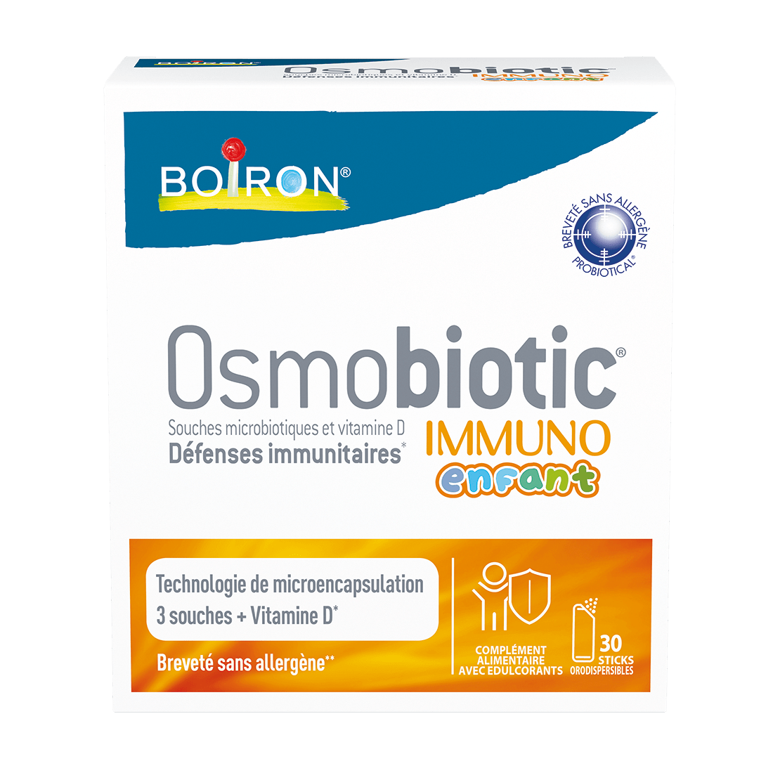 Food Supplement for Children, Boiron, Osmobiotic, Immuno, with Microbiotic Strains and Vitamin D, 30 sachets