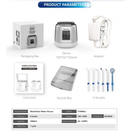 Dus Bucal, Waterpulse V700 Plus, 6x Varfuri, 1600 psi, 6x Trepte Presiune, Rezervor 1000ml, Suport Varfuri, Alimentare 110-220V