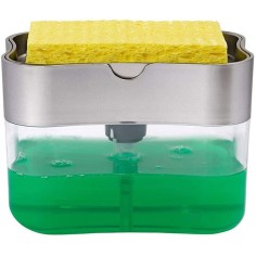 Dozator, Dispenser 2 in 1 pentru Detergent Lichid de Vase, cu Suport pentru Burete, transparent, 380 ml, 14x11x9 cm