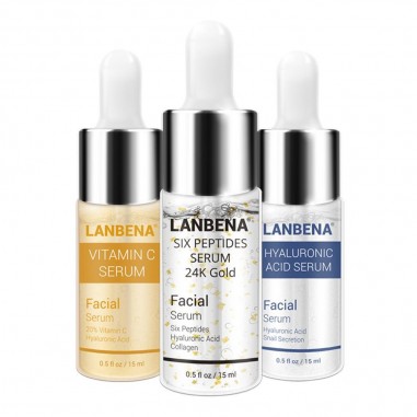 Set 3x Seruri, Lanbena, Vitamina C, Acid Hialuronic, Peptide din Colagen, efect Anti-Imbatranire, Revitalizant, Hidratare Comple