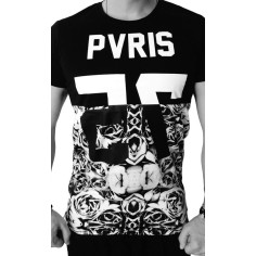 Tricou Barbati, Zamo®, Paris Floral, cu Imprimeu Floral, Lung, Negru cu Alb, Marimea XL