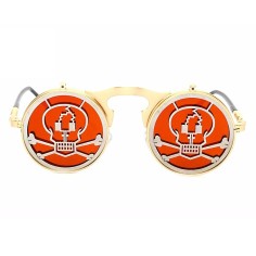 Ochelari de Soare, Zamo®, Steampunk, Flip-Flop Skull, Protectie UV400, Model Rotund, Rama Aurie, Lentile Portocalii Oglinda