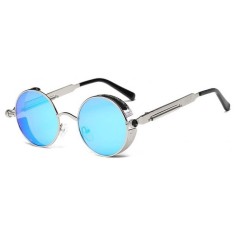 Ochelari de Soare, Zamo, Gothic Steampunk, Mirror Blue, Protectie UV400, Model Rotund, Rama Aurie, Lentile Albastre